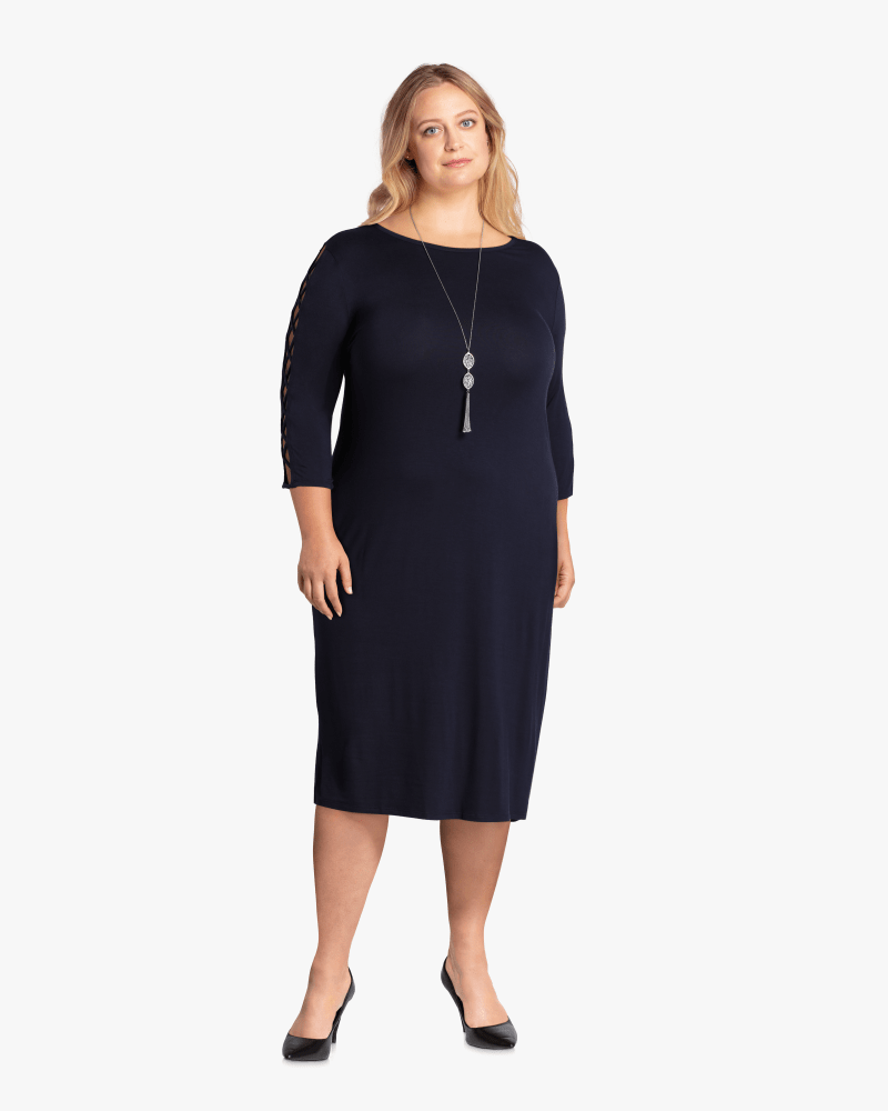 Plus size model with hourglass body shape wearing Anaheim Laced Sleeve Dress by Downing Studio | Dia&Co | dia_product_style_image_id:114546